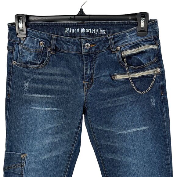 Blues Society JRS SZ 11/12 Jeans Low-Rise Distressed Zip Ankles Chain Dark Wash - Picture 2 of 12